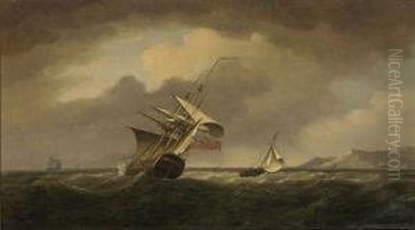 A Man-o'war Heeling In The Breeze In The Channel Oil Painting by Thomas Whitcombe