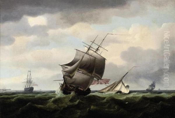 A Royal Naval Frigate Running 
Down The Channel With A Cuttershortening Sail Off Her Stern And A Large 
Man-o'war Anchored Offthe North Foreland Oil Painting by Thomas Whitcombe