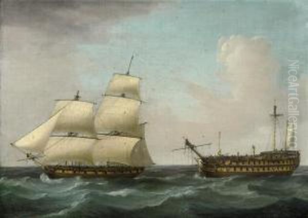 A Dismasted '74' Under Tow By A Battle-scarred Sloop Oil Painting by Thomas Whitcombe