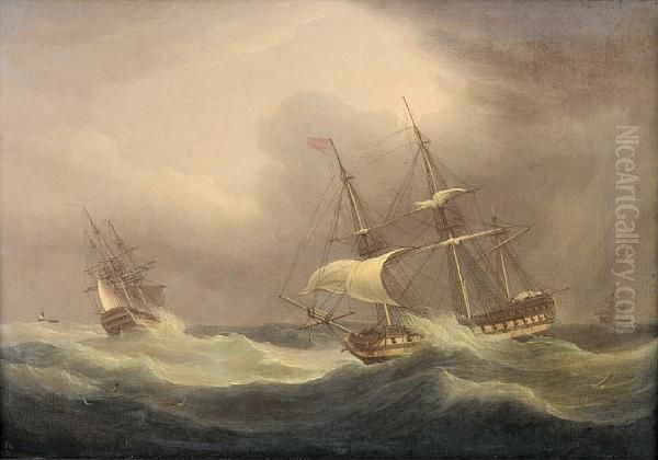 British Warships Battling The Elements Oil Painting by Thomas Whitcombe