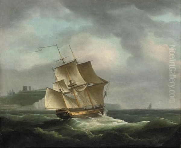 A Three-masted Merchantman Beating Her Way Up The Channel Past Dover Castle Oil Painting by Thomas Whitcombe