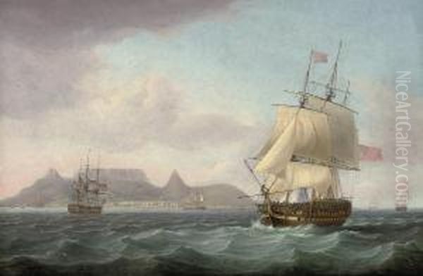 View Of Cape Town, Table Bay, 
Cape Of Good Hope, With A Seventy-four Gun Ship Lying-to For Convoy Oil Painting by Thomas Whitcombe