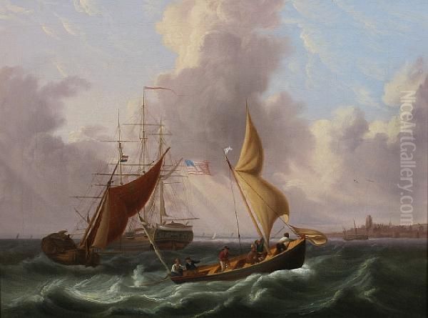 An U.s. Three-masted Vessel, A Smalschip And A Pilot Boat Off The Dutch Coast Oil Painting by Thomas Whitcombe