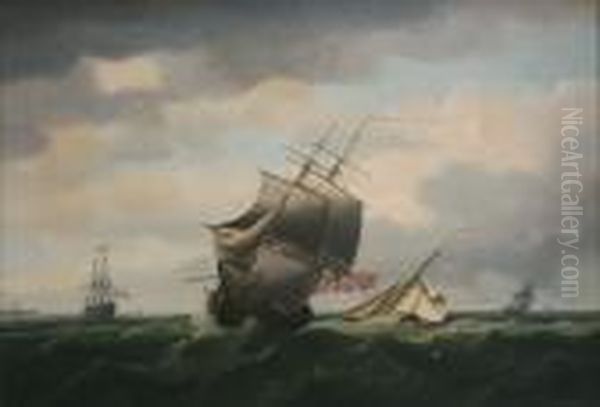 Seascape With Sailing Vessels On Choppy Waters Oil Painting by Thomas Whitcombe