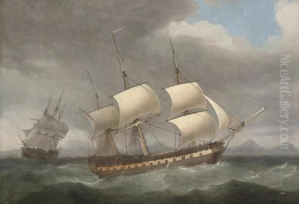 The Honourable [east India] Company's Ship 
Alnwick Castle
 In Two Positions Off A Mountainous Shore Oil Painting by Thomas Whitcombe