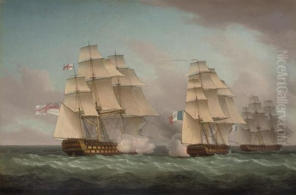 Venerable
 Exchanging Fire With The French Frigate 
Alcmene Oil Painting by Thomas Whitcombe