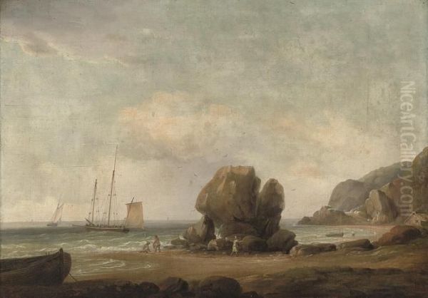 Shrimpers At Low Tide, Fishermen At Anchor Beyond Oil Painting by Thomas Whitcombe