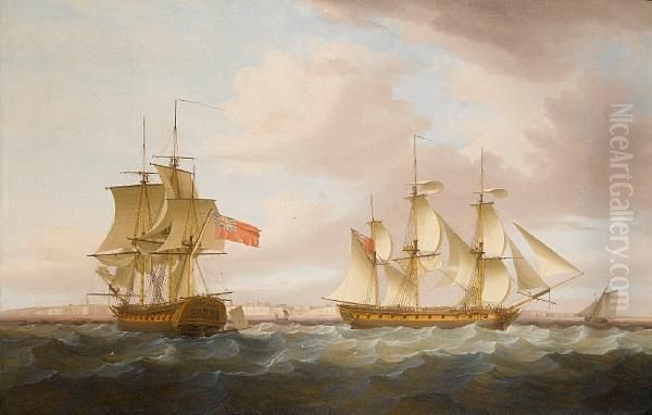 The Calcutta-trade Merchantman 'nonsuch' In Two Positions Off The Kingsgate Gap Oil Painting by Thomas Whitcombe