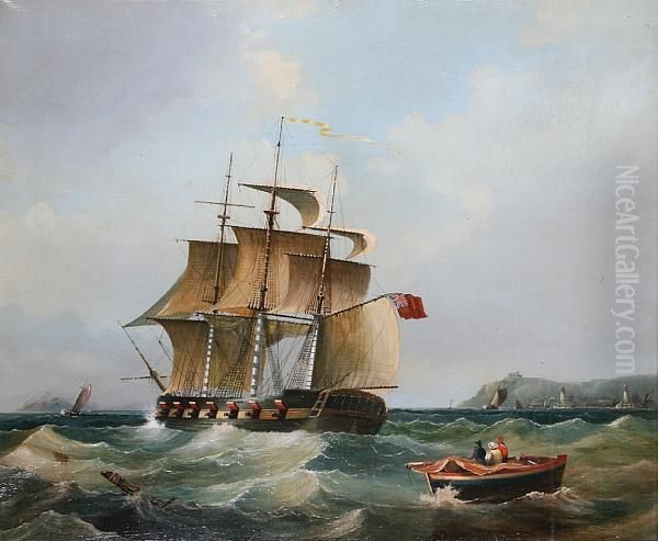 A Frigate At Sea Oil Painting by Thomas Whitcombe