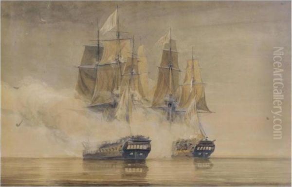 Action Between H.m.s. Amethyst And The French Frigate Thetis Oil Painting by Thomas Whitcombe