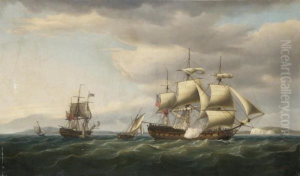 The East Indiaman Rodney In Two 
Positions Off The English Coast,firing A Salute To Mark Her Safe Return 
From Bengal In August,1788 Oil Painting by Thomas Whitcombe