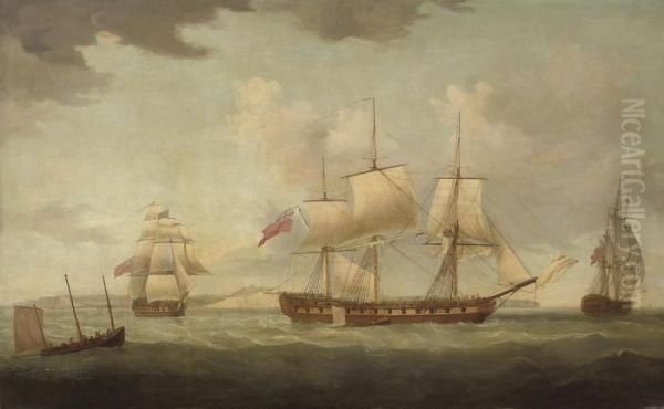 An Armed Merchantman In Three Positions In The Channel Offdover Oil Painting by Thomas Whitcombe