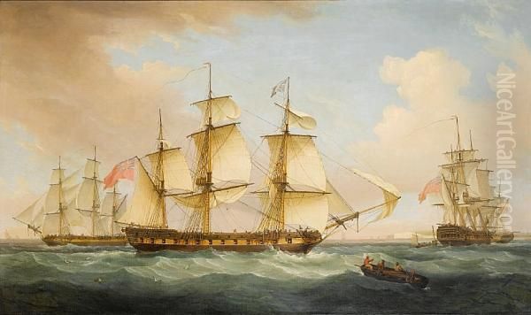 A Frigate In Two Positions Calling For A Pilotin The Downs Oil Painting by Thomas Whitcombe