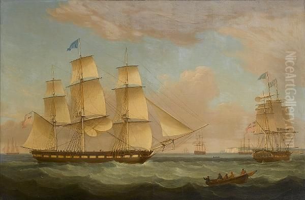 The Merchantman, 'medina' Of London In Two Positions Off Dover Oil Painting by Thomas Whitcombe