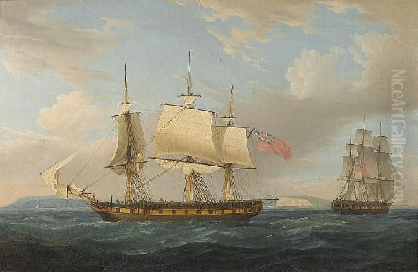 A Merchantman In Two Positions 
In The Downs, One Showing Her Heaving-to, The Other Depicting Her In 
Full Sail Heading For The North Foreland Oil Painting by Thomas Whitcombe