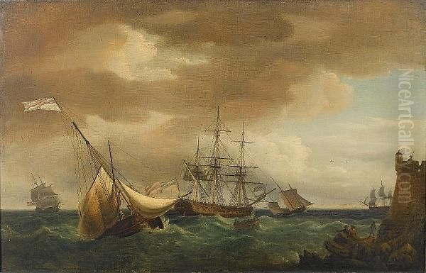 A Naval Frigate Lying Off A Fortified Tower With Smaller Craft Nearby, Possibly Plymouth Oil Painting by Thomas Whitcombe