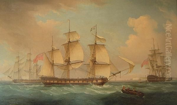 British Man O'war Oil Painting by Thomas Whitcombe