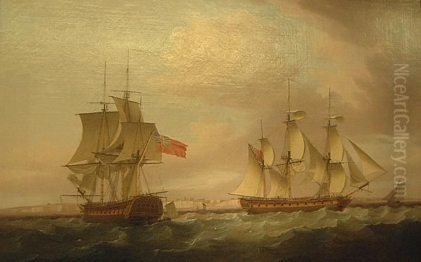 Hms Nonsuch Standing Off Kingsgate Gap Oil Painting by Thomas Whitcombe