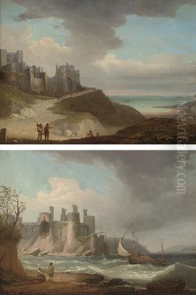 Dover Castle, Kent; And Conway Castle, Carnaervonshire (both Illustrated) Oil Painting by Thomas Whitcombe