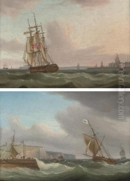 A Royal Navy Frigate Running 
Down The Channel With Ramsgate Off To Starboard; And The Postal Packet 
Off Dover (both Illustrated) Oil Painting by Thomas Whitcombe