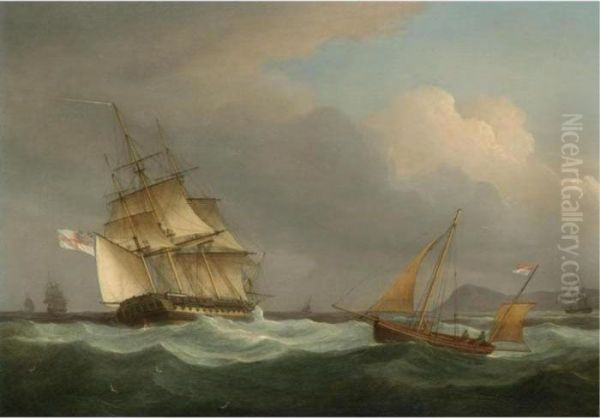 A Frigate Off The Devon Coast Oil Painting by Thomas Whitcombe