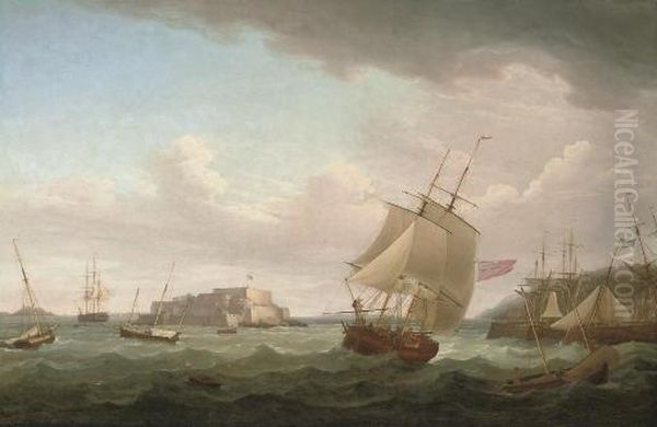 A Merchantman And Other Vessels Off Castle Cornet, Guernsey Oil Painting by Thomas Whitcombe