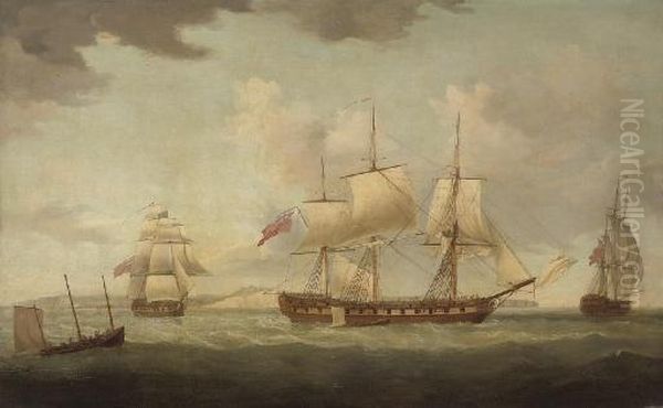 An Armed Merchantman In Three Positions In The Channel Off Dover Oil Painting by Thomas Whitcombe