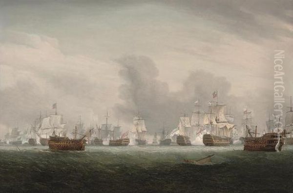 The Height Of The Action On The 'glorious First Of June' Oil Painting by Thomas Whitcombe