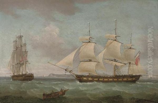 An East Indiaman In Two 
Positions Off Dover, With The Pilot Cutter Approaching Off Her Starboard
 Bow Oil Painting by Thomas Whitcombe