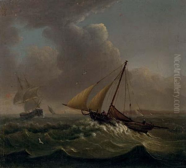 Fishing Off The Coast With Other Shipping In The Distance Oil Painting by Thomas Whitcombe