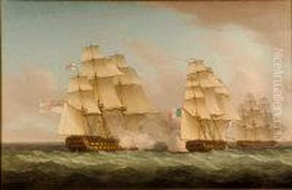 The Venerable Admiral Durham Capturing The Iphigenie And Alcmene Oil Painting by Thomas Whitcombe