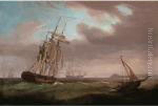 A Man-of-war And Other Shipping Off The Coast Oil Painting by Thomas Whitcombe