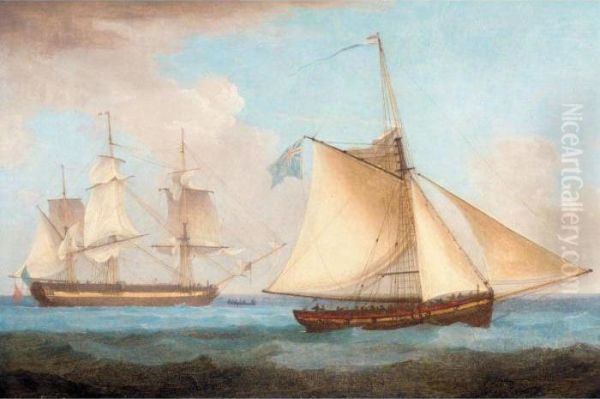 A French Vessel 'hove To' Oil Painting by Thomas Whitcombe