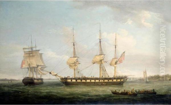 An East Indiaman In Two Positions Off The Indian Coast Oil Painting by Thomas Whitcombe