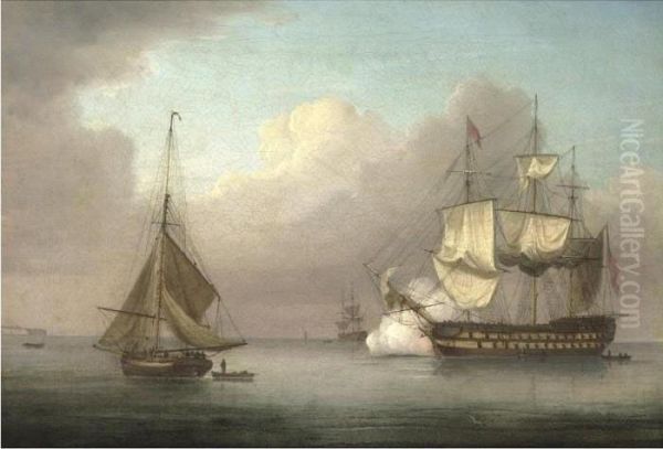 H.m.s. Oil Painting by Thomas Whitcombe