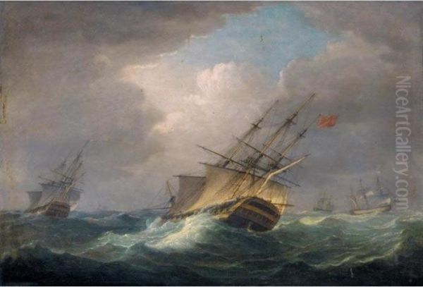 A Naval Squadron In A Heavy Swell Oil Painting by Thomas Whitcombe