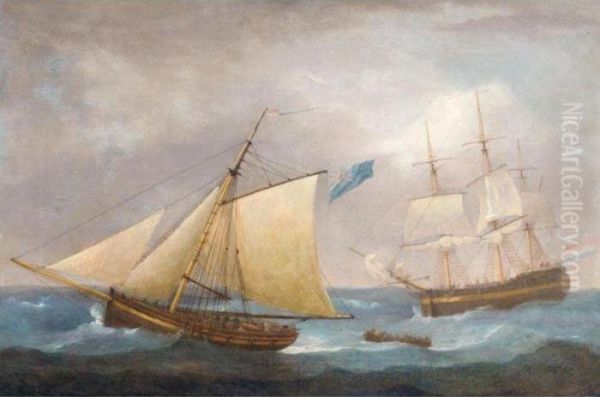 A French Vessel 'hove To', Said To Be Oil Painting by Thomas Whitcombe