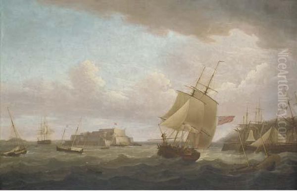 A Merchantman And Other Vessels Off Castle Cornet, Guernsey Oil Painting by Thomas Whitcombe