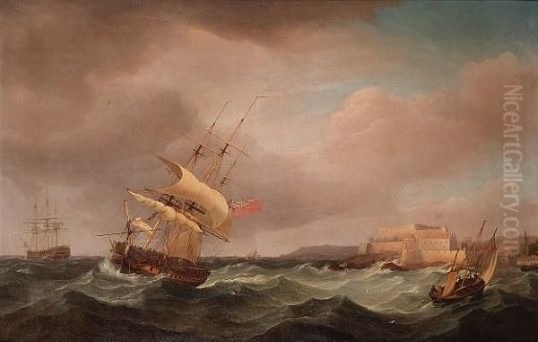 A Royal Naval Frigate Under Reduced Sail In A Heavy Swell Off Castle Cornet, Guernsey Oil Painting by Thomas Whitcombe