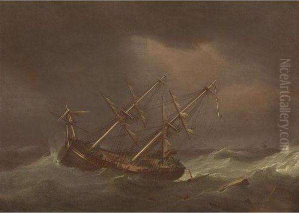 Ship In A Storm Oil Painting by Thomas Whitcombe