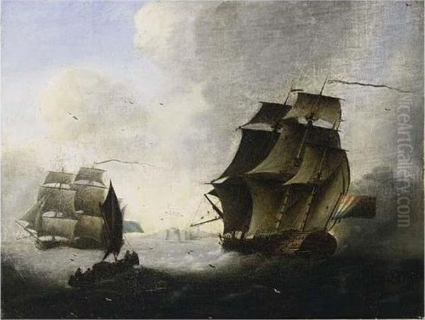 A Dutch Frigate And A Sailing Boat On Stormy Seas Oil Painting by Thomas Whitcombe