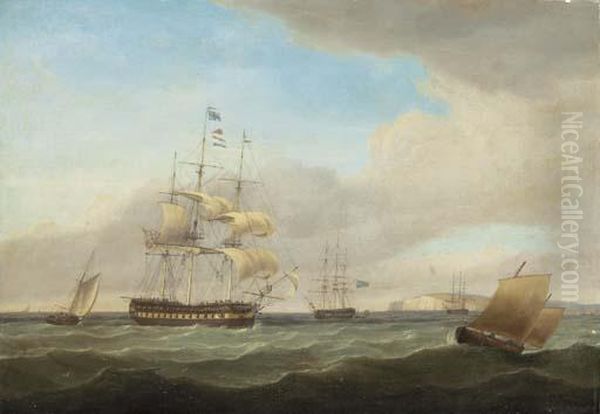 Shipping Off The Channel Off The South Coast Oil Painting by Thomas Whitcombe