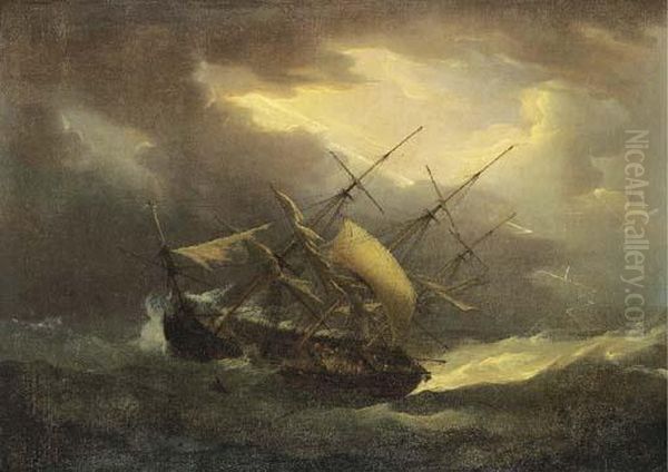 Caught In A Heavy Gale Oil Painting by Thomas Whitcombe