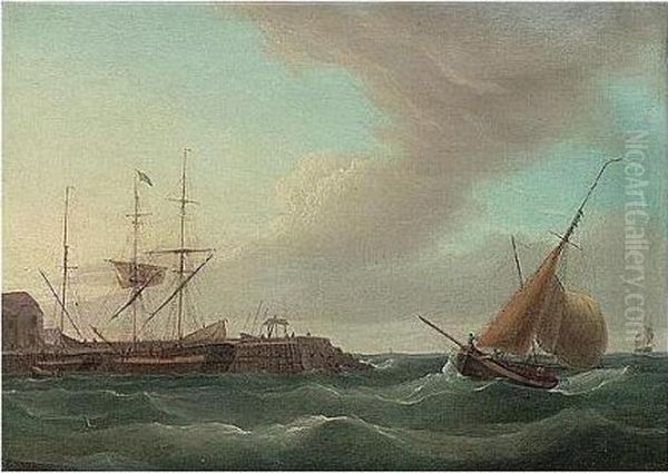 A Fishing Boat Entering The Harbour At Broadstairs Oil Painting by Thomas Whitcombe