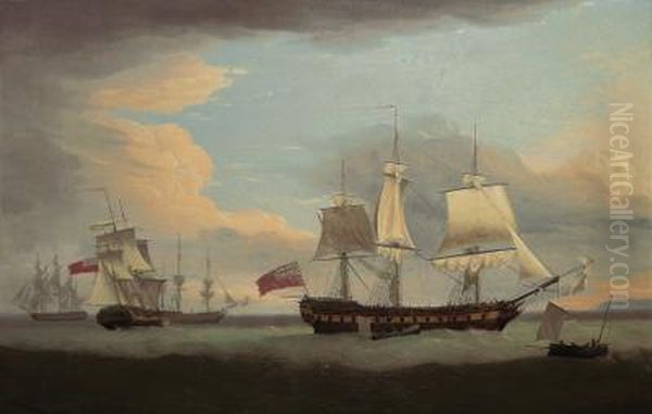 The East Indiaman Hindostan In 
Company With Indian Trader, Ewretta And Nancy, Ships Employed In The 
Canada Trade Oil Painting by Thomas Whitcombe