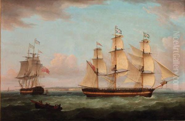 A Three-masted Merchantman In Two Positions Off The Port Ofdover Oil Painting by Thomas Whitcombe