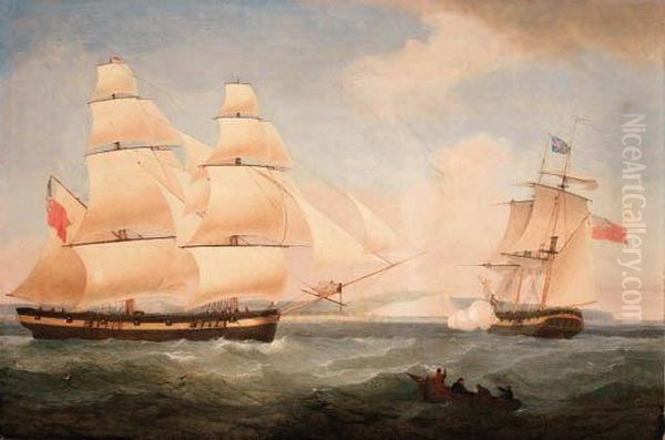 Two Armed Brigs Off Dover, One Firing A Salute Oil Painting by Thomas Whitcombe