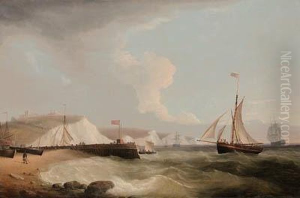 A Mail-cutter, Men-o'-war And Other Vessels Below Dovercastle Oil Painting by Thomas Whitcombe