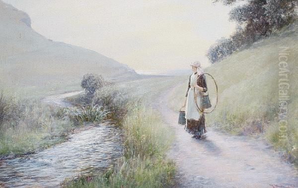 A Milkmaid On A River Path Oil Painting by John White