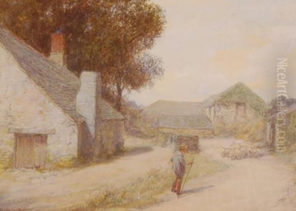 Shepherd And Sheep In The Farmyard Oil Painting by John White